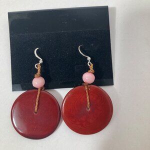 Tagua Nut Earrings w Acai Seed Round Burgundy Pink 2" round